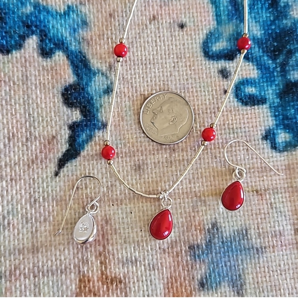 Sterling Silver and Coral .925 Necklace and Earrings Set - Picture 9 of 16